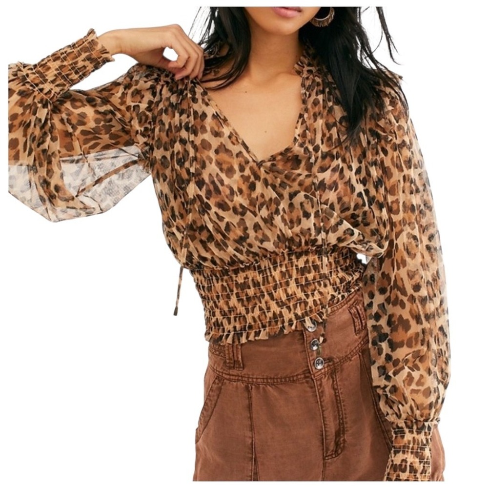 Free People Size Small Animal Print Blouse Sheer Chiffon Long Balloon Sleeve Top